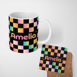 Personalized Custom Name Abstract Gradient Checkerboard Modern Seamless Pattern Lovely 11oz Ceramic Coffee Tea Mug White Large Handle