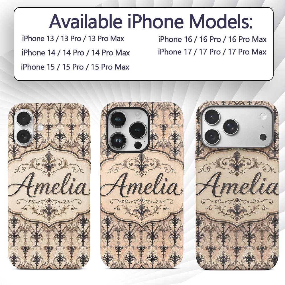 Elegant Floral Damask Vintage Style Seamless Custom Name Protective Phone Case Mobile Cover Durable Everyday Smartphone Shock Resistant