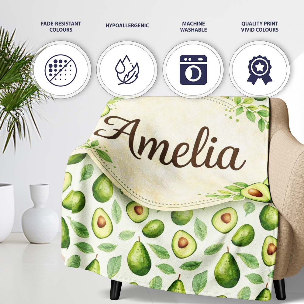 Avocado Pear Leaf Seamless Clean White Background Botanical Fruit  Personalised Custom Name Super Soft Fleece Blanket Bed Sofa Throw
