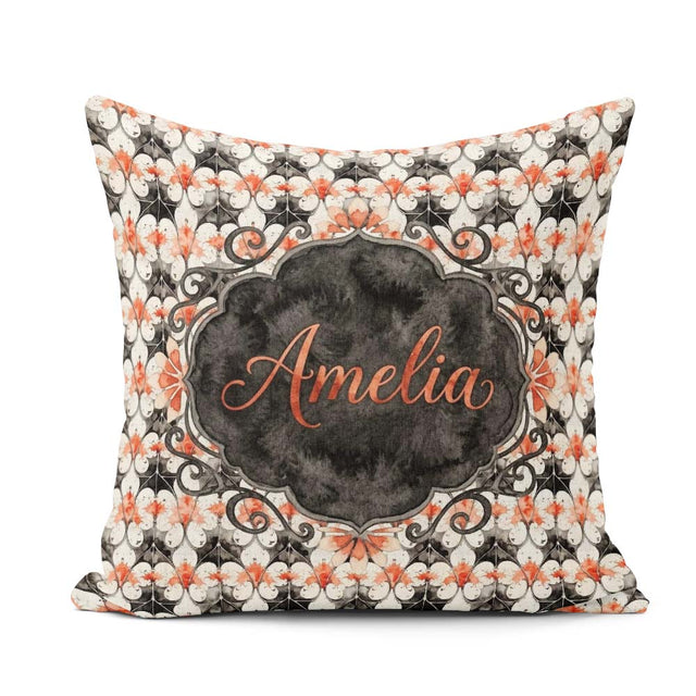 Custom Name Ornate Floral Tile Pattern with Red Accents Seamless Square Filled Cushion Throw Pillow Sofa Bed Home Decor Zip Washable UK Made