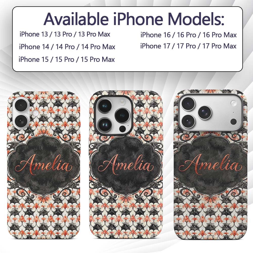 Ornate Floral Tile Pattern with Printed Design Custom Name Protective Phone Case Mobile Cover Durable Everyday Smartphone Shock Resistant