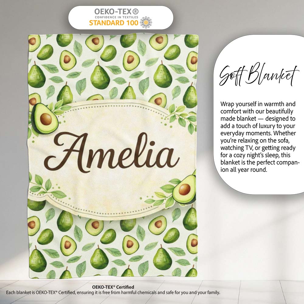 Avocado Pear Leaf Seamless Clean White Background Botanical Fruit  Personalised Custom Name Super Soft Fleece Blanket Bed Sofa Throw