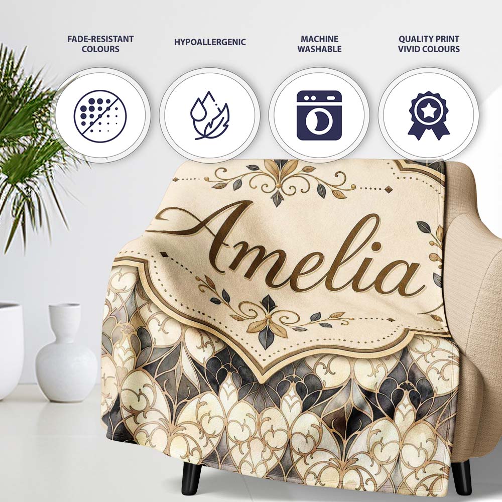 Elegant Vintage Damask Floral Beige and Charcoal Seamless Pattern  Personalised Custom Name Super Soft Fleece Blanket Bed Sofa Throw