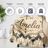 Elegant Vintage Damask Floral Beige and Charcoal Seamless Pattern  Personalised Custom Name Super Soft Fleece Blanket Bed Sofa Throw