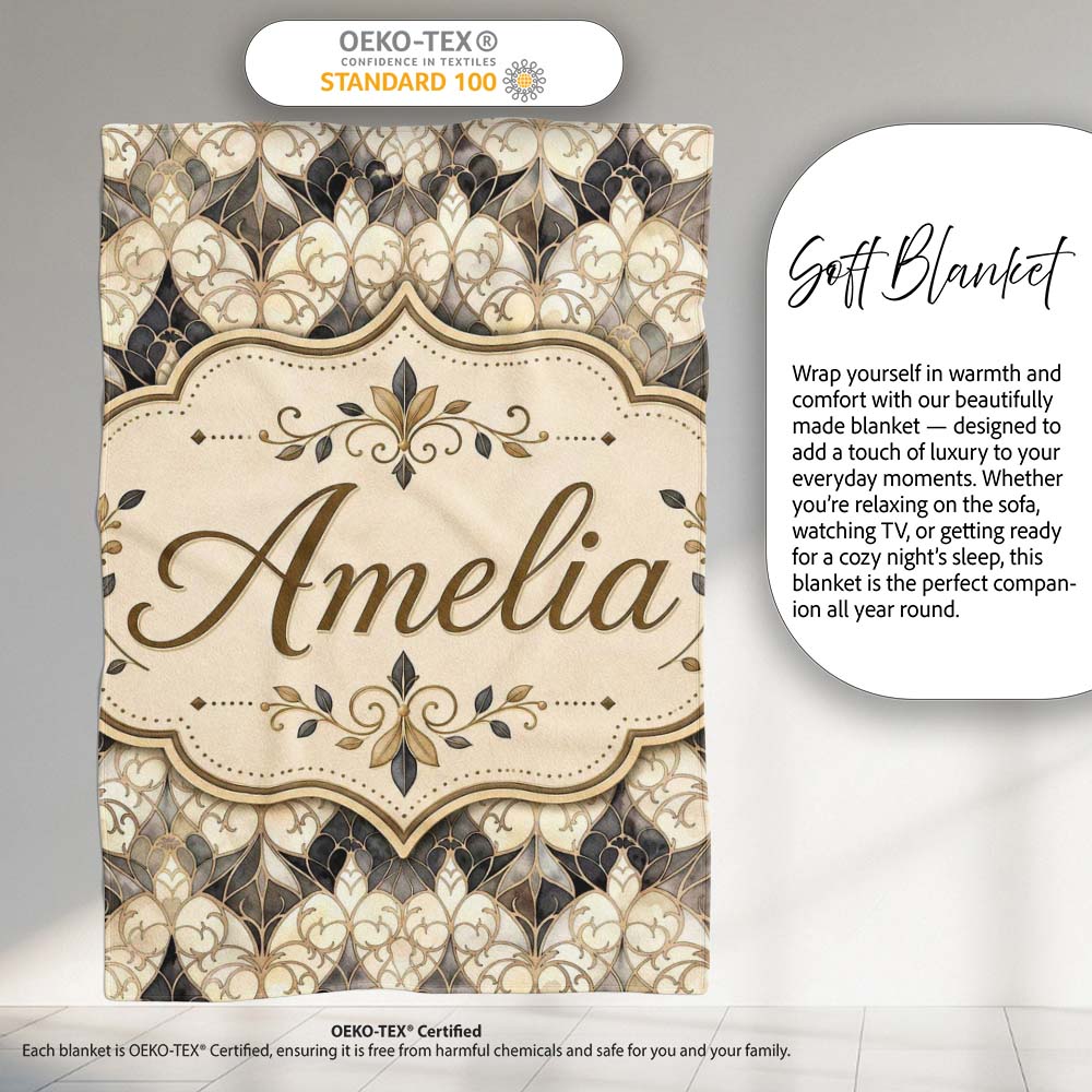 Elegant Vintage Damask Floral Beige and Charcoal Seamless Pattern  Personalised Custom Name Super Soft Fleece Blanket Bed Sofa Throw