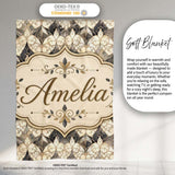 Elegant Vintage Damask Floral Beige and Charcoal Seamless Pattern  Personalised Custom Name Super Soft Fleece Blanket Bed Sofa Throw