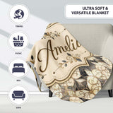 Elegant Vintage Damask Floral Beige and Charcoal Seamless Pattern  Personalised Custom Name Super Soft Fleece Blanket Bed Sofa Throw