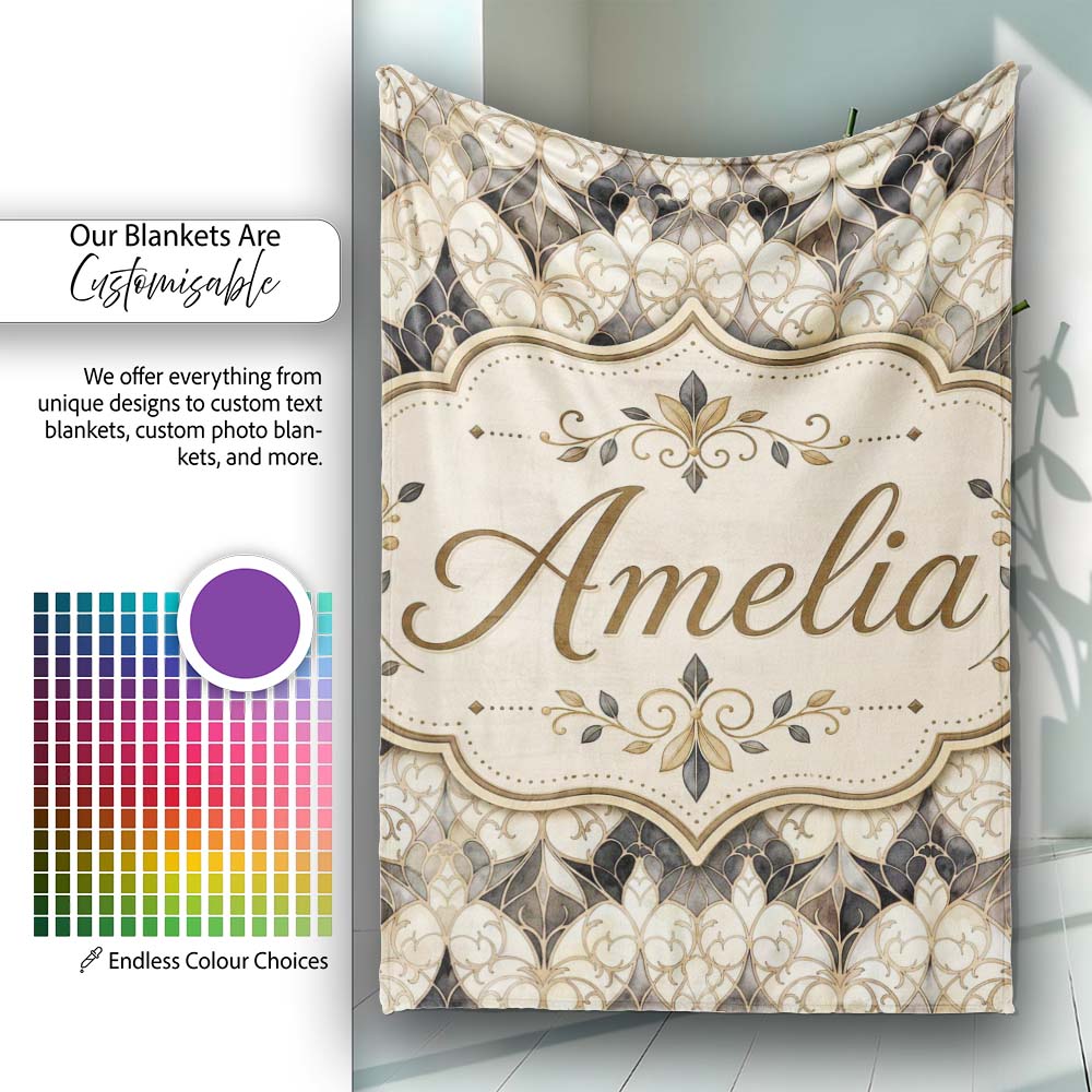 Elegant Vintage Damask Floral Beige and Charcoal Seamless Pattern  Personalised Custom Name Super Soft Fleece Blanket Bed Sofa Throw