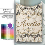 Elegant Vintage Damask Floral Beige and Charcoal Seamless Pattern  Personalised Custom Name Super Soft Fleece Blanket Bed Sofa Throw