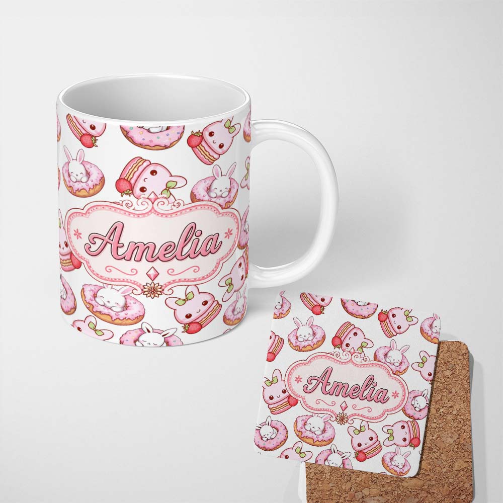 Personalized Custom Name Cute Kawaii Bunny Donuts Strawberry Dessert Pattern Light Grey 11oz Ceramic Coffee Tea Mug White Large Handle