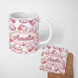 Personalized Custom Name Cute Kawaii Bunny Donuts Strawberry Dessert Pattern Light Grey 11oz Ceramic Coffee Tea Mug White Large Handle