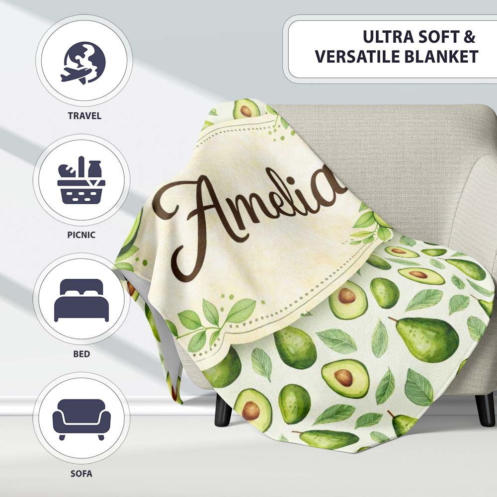 Avocado Pear Leaf Seamless Clean White Background Botanical Fruit  Personalised Custom Name Super Soft Fleece Blanket Bed Sofa Throw