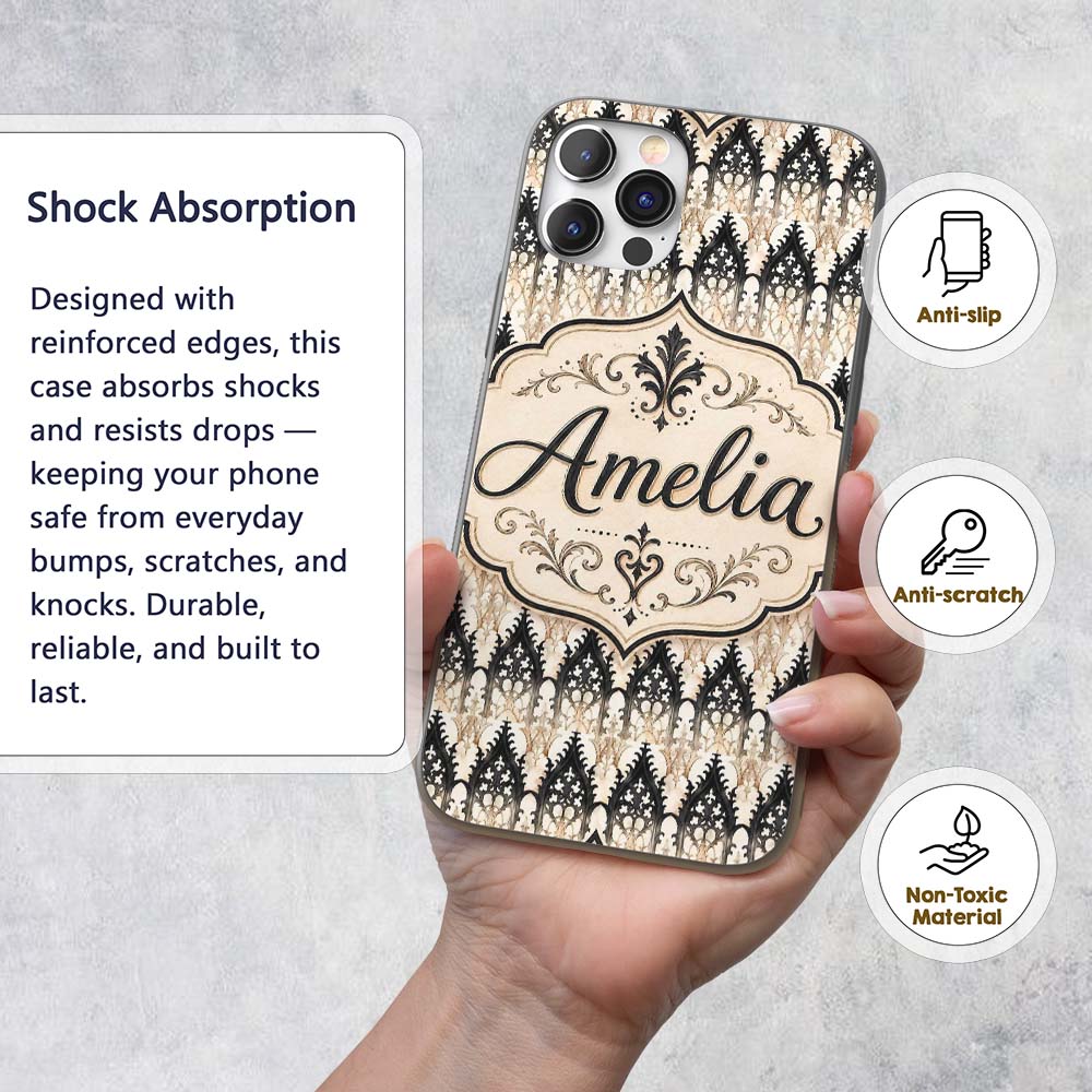 Gothic Arch Ornamental Pattern in Neutral Tones Custom Name Protective Phone Case Mobile Cover Durable Everyday Smartphone Shock Resistant
