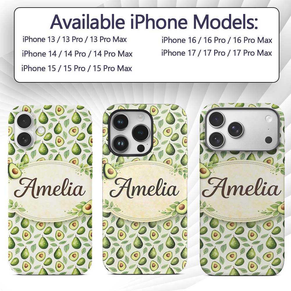 Avocado Pear Leaf Seamless Clean White Background Custom Name Protective Phone Case Mobile Cover Durable Everyday Smartphone Shock Resistant