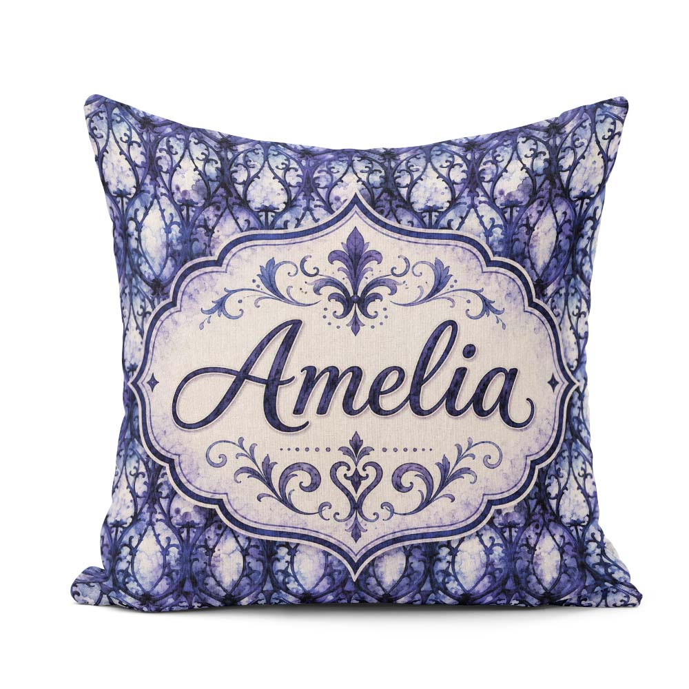 Custom Name Watercolor Gothic Lattice Indigo Blue Pattern Lovely Square Filled Cushion Throw Pillow Sofa Bed Home Decor Zip Washable UK Made