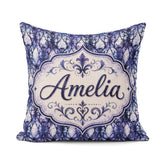 Custom Name Watercolor Gothic Lattice Indigo Blue Pattern Lovely Square Filled Cushion Throw Pillow Sofa Bed Home Decor Zip Washable UK Made