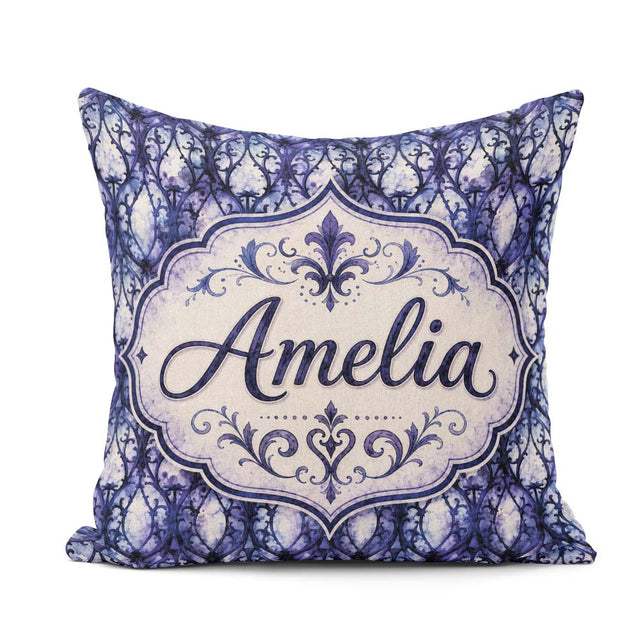 Custom Name Watercolor Gothic Lattice Indigo Blue Pattern Lovely Square Filled Cushion Throw Pillow Sofa Bed Home Decor Zip Washable UK Made