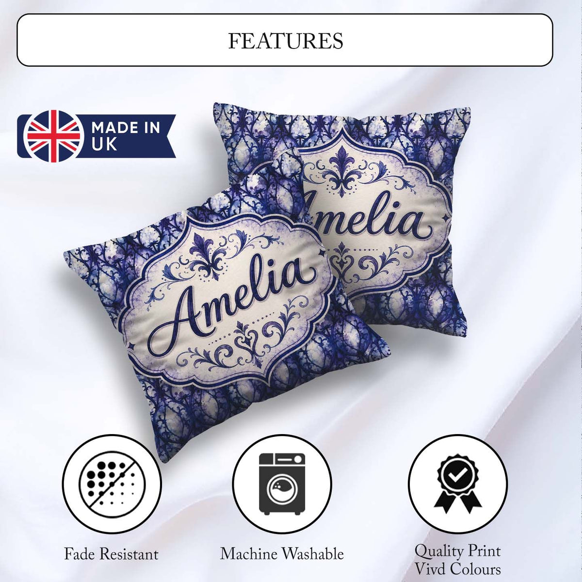 Custom Name Watercolor Gothic Lattice Indigo Blue Pattern Lovely Square Filled Cushion Throw Pillow Sofa Bed Home Decor Zip Washable UK Made