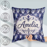 Custom Name Watercolor Gothic Lattice Indigo Blue Pattern Lovely Square Filled Cushion Throw Pillow Sofa Bed Home Decor Zip Washable UK Made