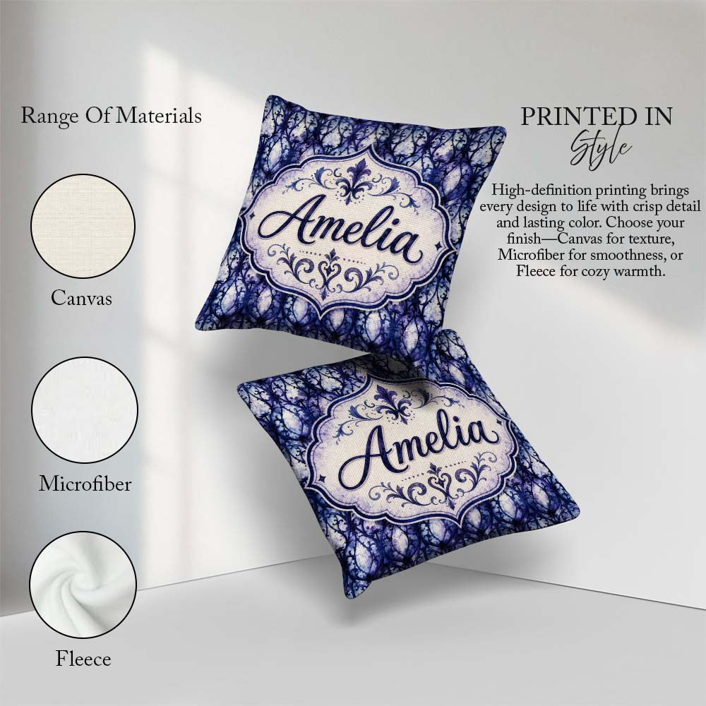 Custom Name Watercolor Gothic Lattice Indigo Blue Pattern Lovely Square Filled Cushion Throw Pillow Sofa Bed Home Decor Zip Washable UK Made