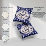 Custom Name Watercolor Gothic Lattice Indigo Blue Pattern Lovely Square Filled Cushion Throw Pillow Sofa Bed Home Decor Zip Washable UK Made