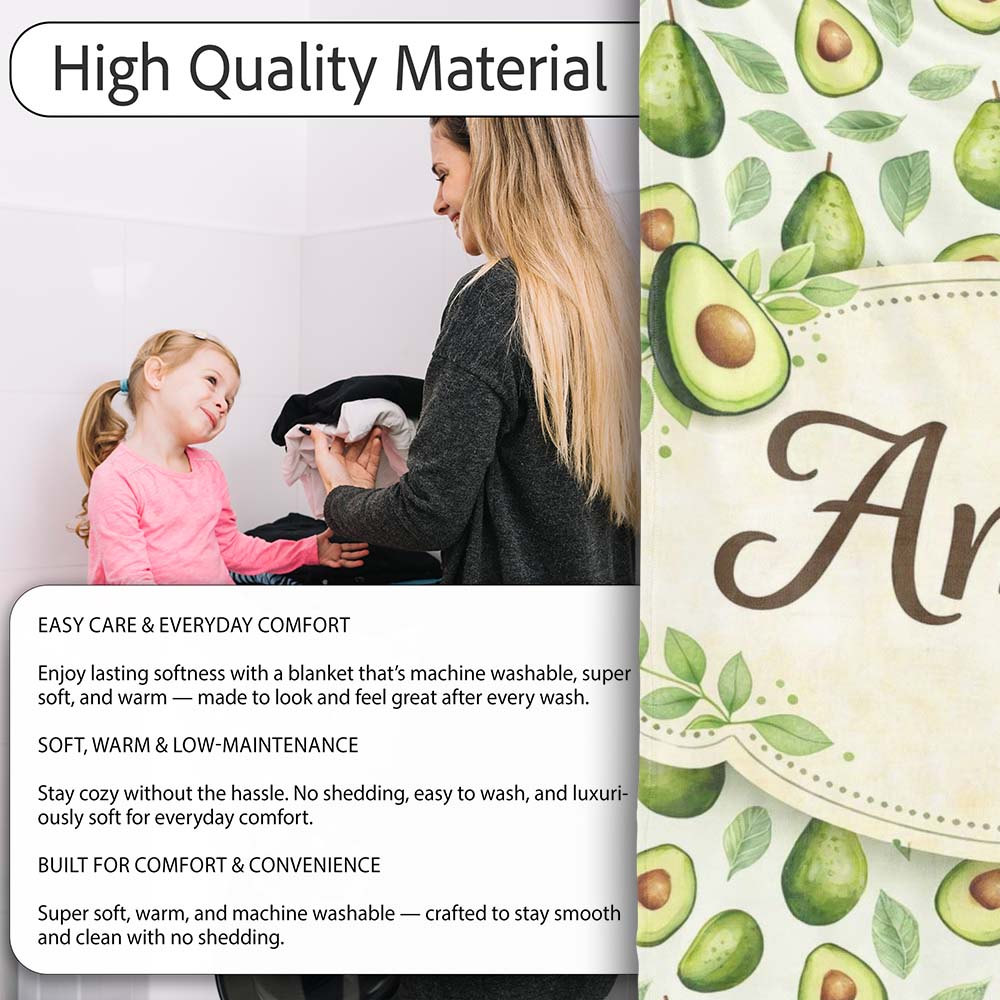 Avocado Pear Leaf Seamless Clean White Background Botanical Fruit  Personalised Custom Name Super Soft Fleece Blanket Bed Sofa Throw