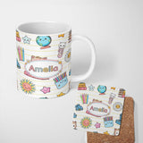 Personalized Custom Name Cute Kawaii School Cat Books Stationery Pattern Yellow Lines Lovely 11oz Ceramic Coffee Tea Mug White Large Handle