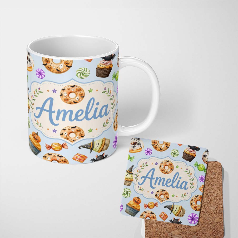 Personalized Custom Name Cute Halloween Spooky Donuts Cupcakes Treats Blue Background 11oz Ceramic Coffee Tea Mug White Large Handle