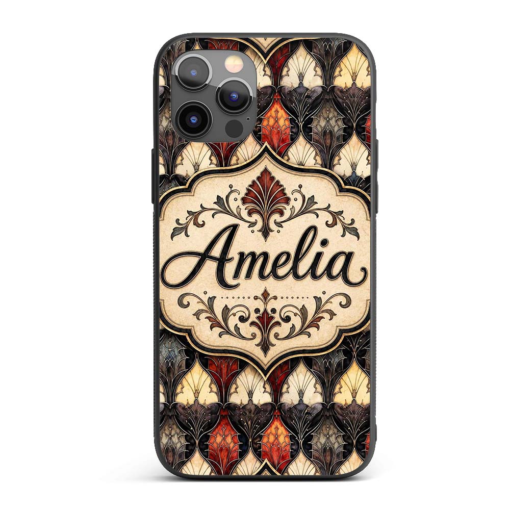 Classic Art Deco Geometric Floral Red and Black Custom Name Protective Phone Case Mobile Cover Durable Everyday Smartphone Shock Resistant