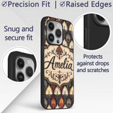 Classic Art Deco Geometric Floral Red and Black Custom Name Protective Phone Case Mobile Cover Durable Everyday Smartphone Shock Resistant