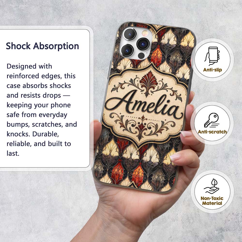 Classic Art Deco Geometric Floral Red and Black Custom Name Protective Phone Case Mobile Cover Durable Everyday Smartphone Shock Resistant