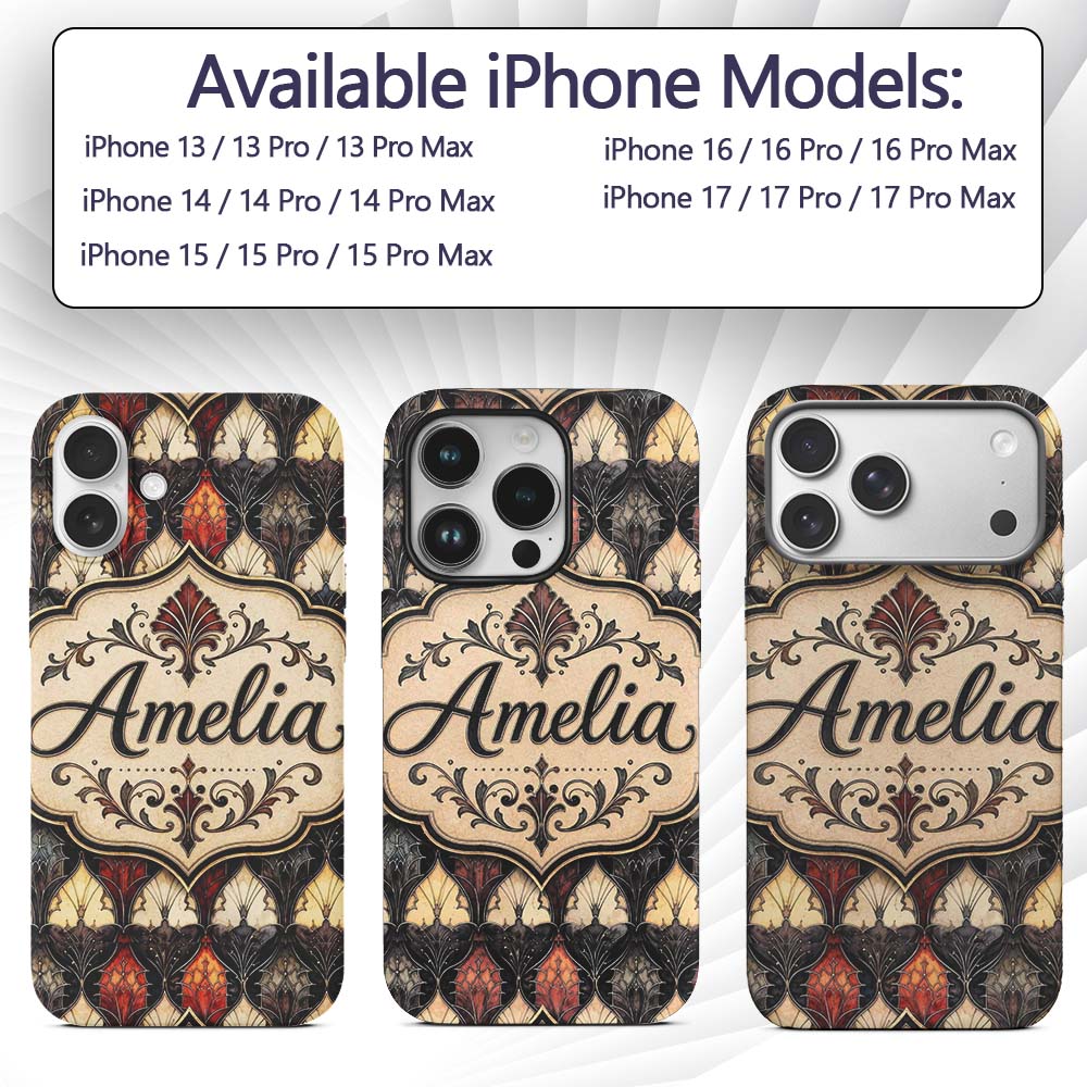 Classic Art Deco Geometric Floral Red and Black Custom Name Protective Phone Case Mobile Cover Durable Everyday Smartphone Shock Resistant