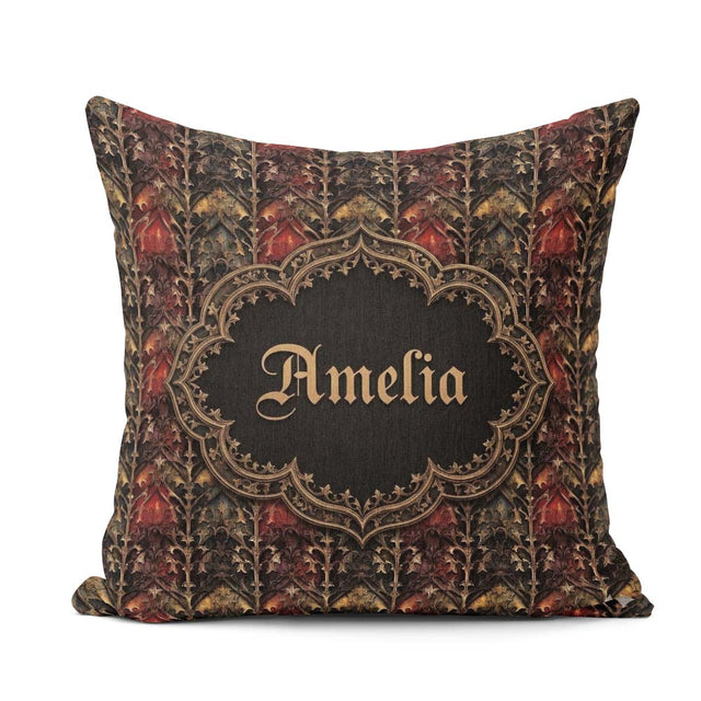 Custom Name Dark Gothic Ornamental Red Gold and Charcoal Pattern Square Filled Cushion Throw Pillow Sofa Bed Home Decor Zip Washable UK Made