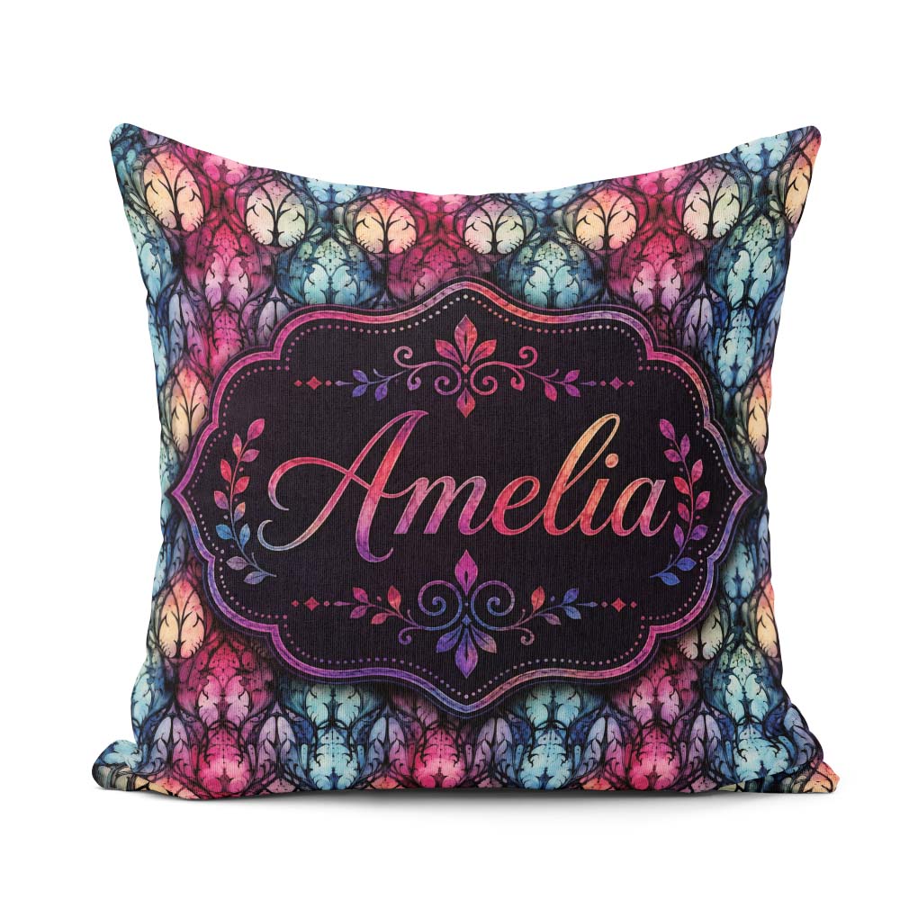 Custom Name Vibrant Art Nouveau Stained Glass Pink Blue Seamless Square Filled Cushion Throw Pillow Sofa Bed Home Decor Zip Washable UK Made