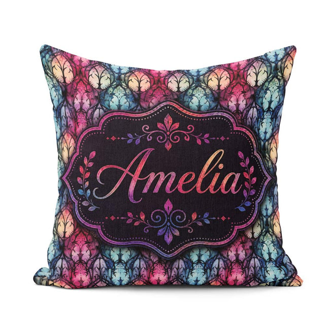 Custom Name Vibrant Art Nouveau Stained Glass Pink Blue Seamless Square Filled Cushion Throw Pillow Sofa Bed Home Decor Zip Washable UK Made