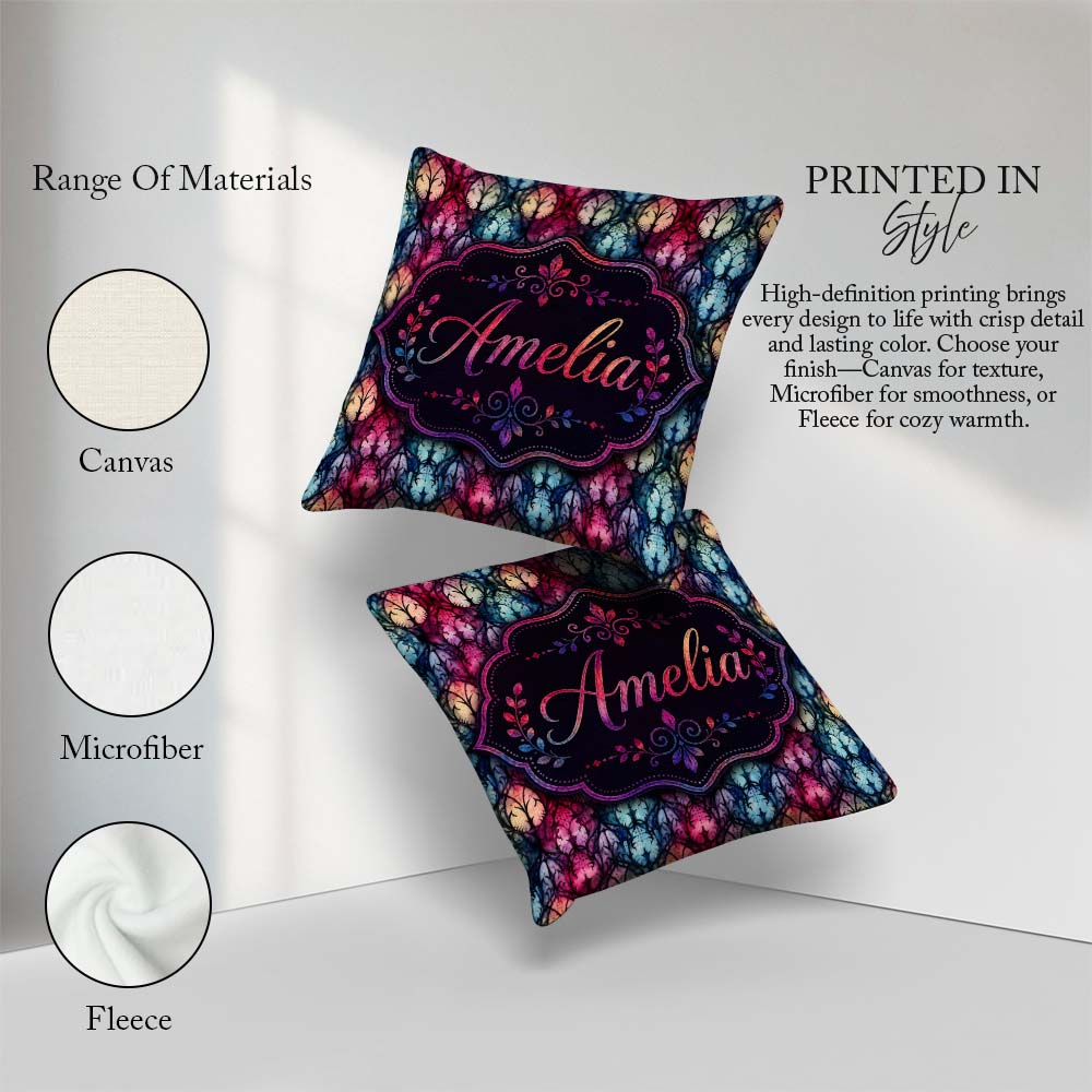 Custom Name Vibrant Art Nouveau Stained Glass Pink Blue Seamless Square Filled Cushion Throw Pillow Sofa Bed Home Decor Zip Washable UK Made