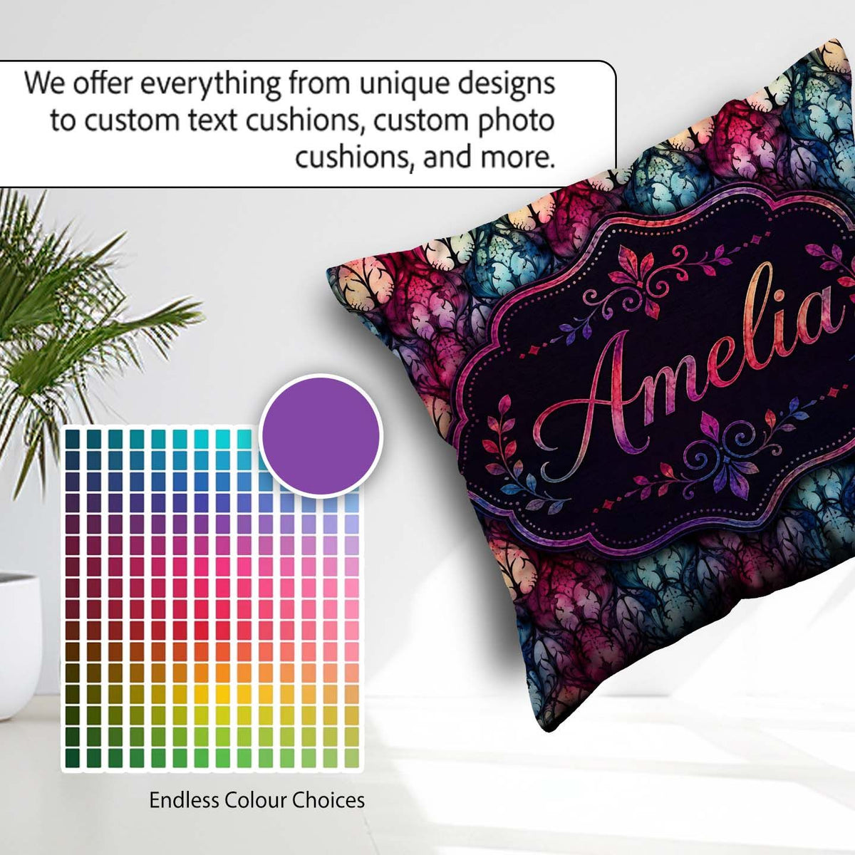 Custom Name Vibrant Art Nouveau Stained Glass Pink Blue Seamless Square Filled Cushion Throw Pillow Sofa Bed Home Decor Zip Washable UK Made