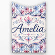 Watercolor Floral Damask Soft Blue and Red Seamless Pattern Lovely  Personalised Custom Name Super Soft Fleece Blanket Bed Sofa Throw