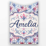 Watercolor Floral Damask Soft Blue and Red Seamless Pattern Lovely  Personalised Custom Name Super Soft Fleece Blanket Bed Sofa Throw
