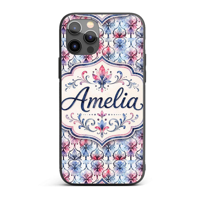 Watercolor Floral Damask Soft Blue Printed Design Custom Name Protective Phone Case Mobile Cover Durable Everyday Smartphone Shock Resistant
