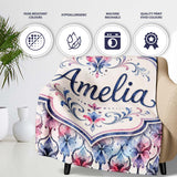 Watercolor Floral Damask Soft Blue and Red Seamless Pattern Lovely  Personalised Custom Name Super Soft Fleece Blanket Bed Sofa Throw