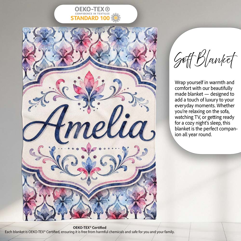 Watercolor Floral Damask Soft Blue and Red Seamless Pattern Lovely  Personalised Custom Name Super Soft Fleece Blanket Bed Sofa Throw