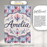 Watercolor Floral Damask Soft Blue and Red Seamless Pattern Lovely  Personalised Custom Name Super Soft Fleece Blanket Bed Sofa Throw