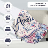 Watercolor Floral Damask Soft Blue and Red Seamless Pattern Lovely  Personalised Custom Name Super Soft Fleece Blanket Bed Sofa Throw