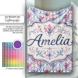 Watercolor Floral Damask Soft Blue and Red Seamless Pattern Lovely  Personalised Custom Name Super Soft Fleece Blanket Bed Sofa Throw