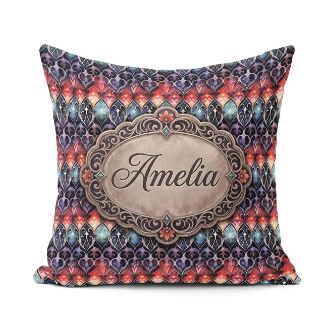 Custom Name Elegant Gothic Floral Motif Red Blue Purple Seamless Square Filled Cushion Throw Pillow Sofa Bed Home Decor Zip Washable UK Made