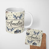 Personalized Custom Name Cute Watercolor Bats and Stars Seamless Pattern Beige Background 11oz Ceramic Coffee Tea Mug White Large Handle