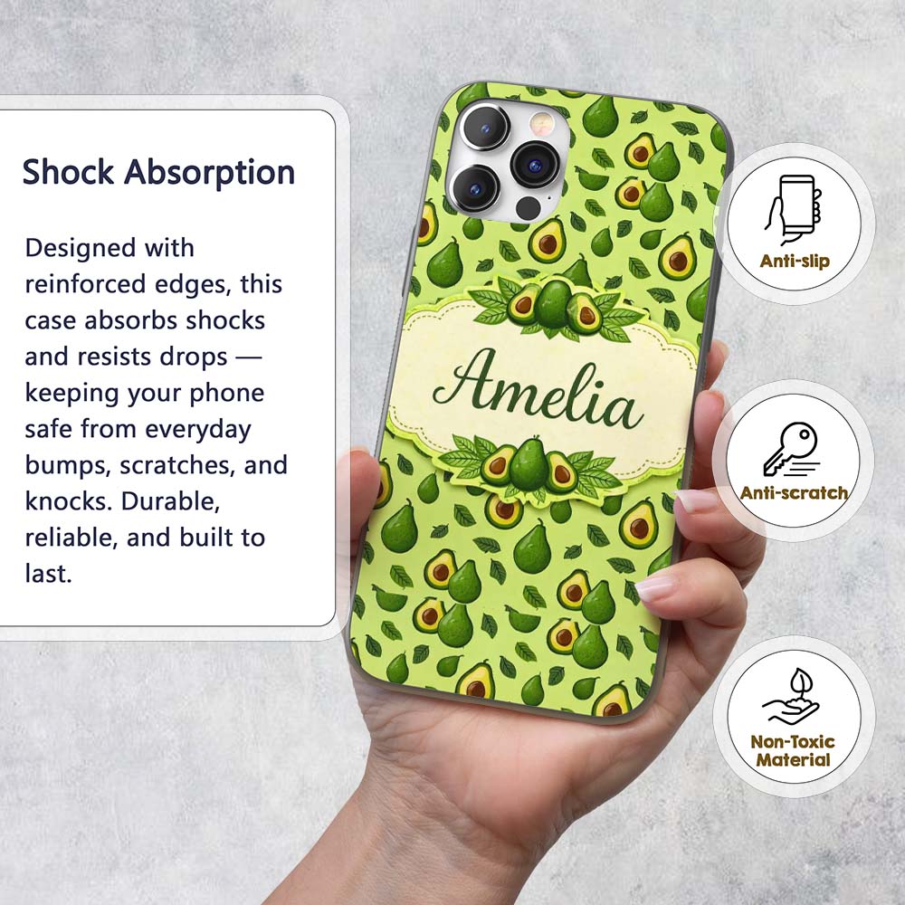 Dark Avocado Leaf Seamless Pattern Printed Design Custom Name Protective Phone Case Mobile Cover Durable Everyday Smartphone Shock Resistant