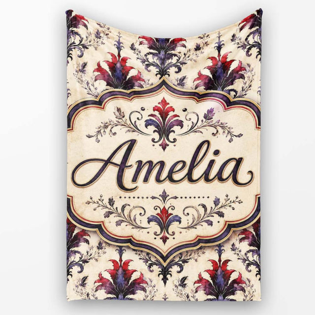 Vintage Floral Damask Red and Purple on Cream Seamless Pattern  Personalised Custom Name Super Soft Fleece Blanket Bed Sofa Throw