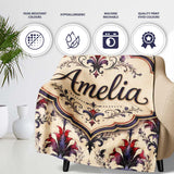 Vintage Floral Damask Red and Purple on Cream Seamless Pattern  Personalised Custom Name Super Soft Fleece Blanket Bed Sofa Throw